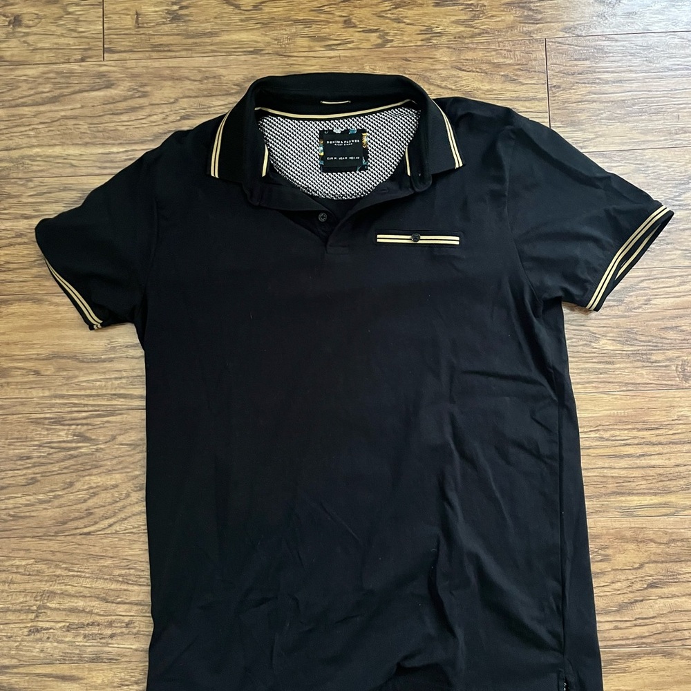 Denim and Flower Black Polo Shirt with Gold Accents